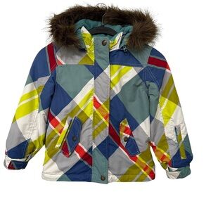 Mini Boden Ski Jacket SZ 6-7 Yr Multicolor Faux Fur Hood Pockets Colorful READ